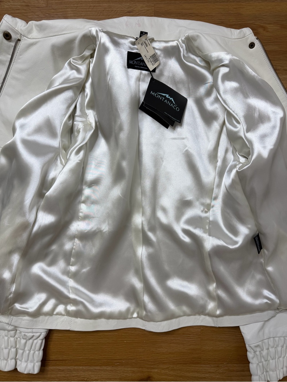 Montanaco Women's White Leather Jacket Ruched Side Panels Medium Vintage NWT - Picture 7 of 13